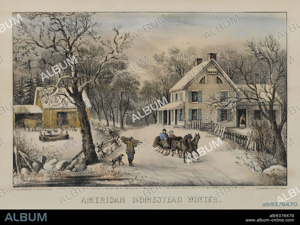 American Homestead Winter, Currier & Ives, American, Hand-colored lithograph on wove paper, 1868-1869, Sheet: 9 3/4 x 13 13/16 in., 24.8 x 35.1 cm, American, Americana, chores, country scene, dog and master, firewood, good old days, horse drawn sled, Nostalgia, Nostalgic, old fashioned, Rural, sleigh, snow scene, transportation, village, WInter, winter scene.
