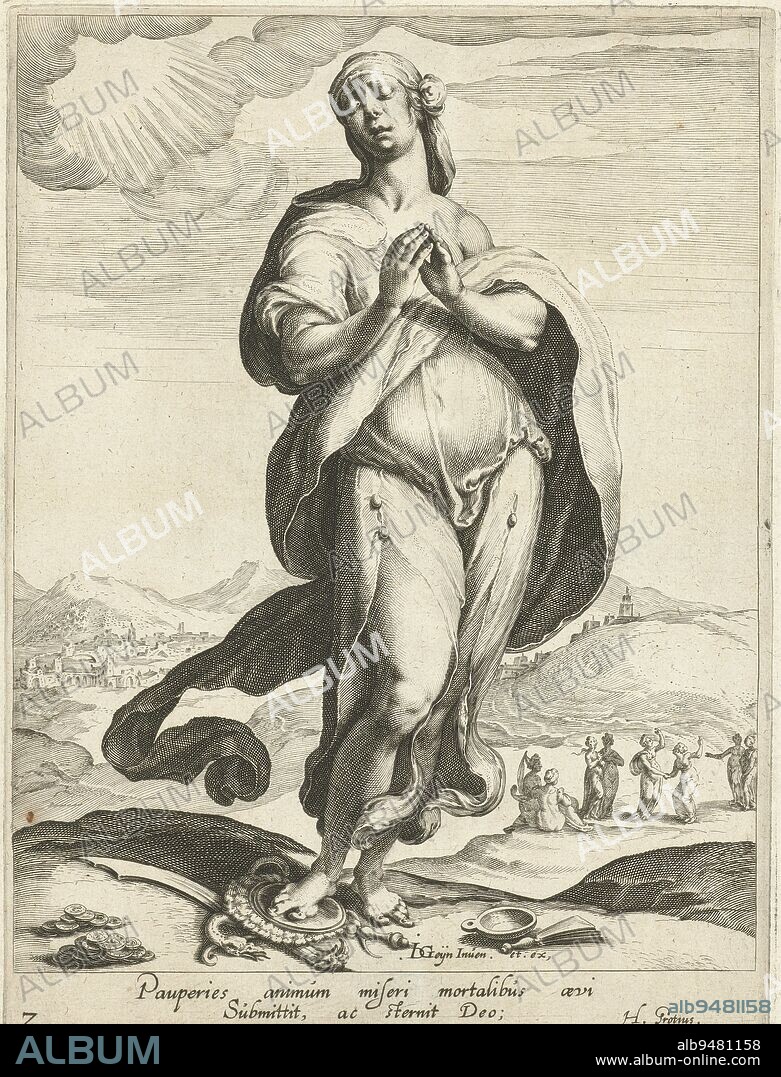 Personification of Faith: woman with folded hands, eyes closed, standing before a hilly landscape. Her right foot rests on mirror (of Superbia), serpent (of Invidia) and sword (of Mars/War). On the ground to the left, coins (Wealth), on the right, mendicant cap and lazarus valve (Poverty). On the right in the background a group of women discussing. No. 7 from series of virtues and vices that determine the fortunes of life., Faith The Fates of Life (series title), print maker: Zacharias Dolendo, Jacob de Gheyn (II), (mentioned on object), publisher: Jacob de Gheyn (II), (mentioned on object), Leiden, c. 1596 - c. 1597, paper, engraving, h 230 mm × w 167 mm.