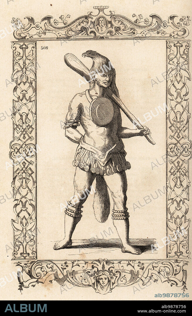 Costume of a Timucua chief, Florida. He wears an eagle head-piece, large disc on his chest, loincloth, bracelets and anklets, large cat tail and carries a large club. Costume de chef. Adapted from an engraving by Theodor de Bry after Jacques le Moyne. Within a decorative frame engraved by H. Catenacci and Fellmann. Woodblock engraving by Gerard Seguin and E.F. Huyot after Christoph Krieger from Cesare Vecellios Costumes anciens et modernes, Habits antichi et moderni di tutto il mondo, Firman Didot Ferris Fils, Paris, 1859-1860.