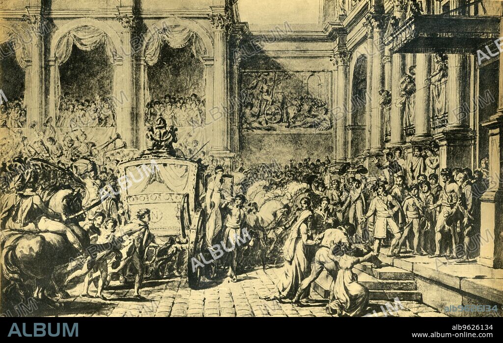 JACQUES LOUIS DAVID. Reception of the Emperor and Empress at the Hôtel de Ville, Paris, c1804, (1921). 'Réception de l'Empereur et de l'Impératrice à l'Hôtel de Ville'. Napoleon Bonaparte (1769-1821) turns to receive petitions as he walks up the steps. The prefect of the Seine helps the Empress Josephine (1763-1814) out of her carriage. Drawing by Jacques-Louis David for a work that was never carried out (1805). From "Napoleon", by Raymond Guyot, [H. Floury, Paris, 1921].