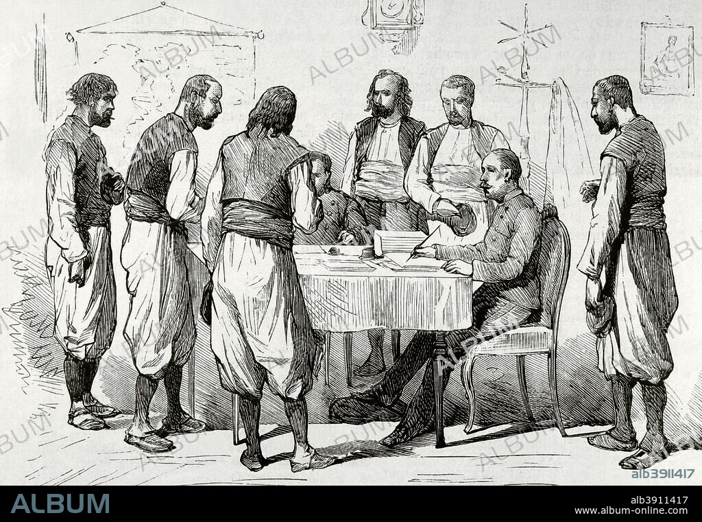 The Eastern Question. Serbian-Turkish Wars (1876-1878). Serbia declared war on the Ottoman Empire on June 30, 1876. Belgrado. Recruitment of Serbian volunteers. Engraving. La Ilustracion Espa–ola y Americana, August 15, 1876.