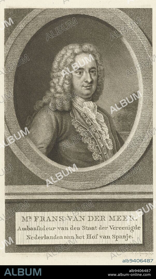 Portrait of Frans van der Meer Dutch ambassador to Spain, print maker: Lambertus Antonius Claessens, (mentioned on object), Amsterdam, c. 1792 - c. 1808, paper, etching, engraving, h 220 mm × w 135 mm.