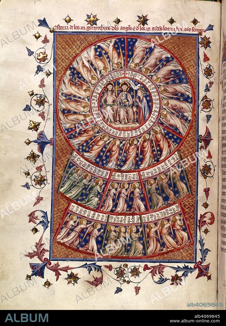 The Nine orders of angels. In the centre, God the Father, Christ, and the Virgin. An outer circle of the first hierarchy; eighteen angels representing Cherubin, Seraphin, and Thrones. Below; the second hierarchy; nine angels representing Dominations, Principalities, and Powers. Bottom tier; third hierarchy; nine angels representing Virtues, Archangels, and Angels. Borders of vine-leaf decoration. Breviari d'Amour. Spain [Catalonia]; last quarter of 14th century. Source: Yates Thompson 31, f.40v. Language: Spanish [Catalan] with Hebrew.