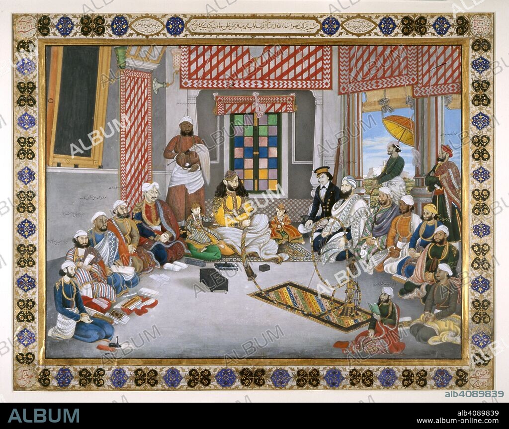 GHULAM 'ALI KHAN and ALFREDO CHAVERO. Nawab Muhammad Abd al-Rahman Khan of Jhajjar (b. 1827, ruled 1845-57), at his court in cool weather with his two young sons, a British officer of the Political Service and various courtiers and attendants. 1852. Opaque watercolour heightened with gold. Source: Add.Or.4681,.