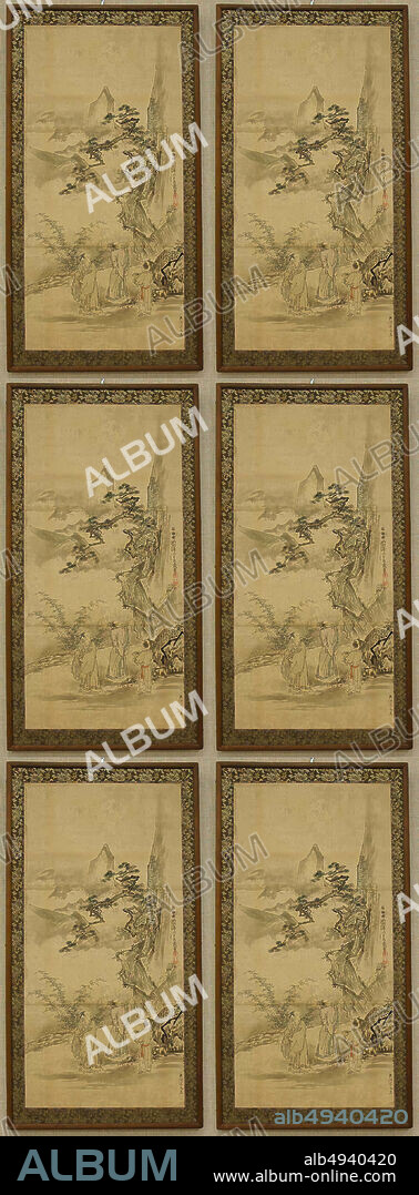 Kano artist After Kano Tan'y, Sketch for a Painting of Mi Fu Inscribing a Poem on a Rock, Japan, Edo period (16151868), Kano artist After Kano Tan'y (Japanese, 16021674), dated 1666, Japan, Hanging scroll mounted as a panel; ink and color on paper, Image: 33 1/8 x 16 1/4 in. (84.1 x 41.3 cm), Overall with mounting: 36 1/2 x 18 7/8 in. (92.7 x 47.9 cm), Framed: 37 3/4 x 19 7/8 in. (95.9 x 50.5 cm), Paintings.