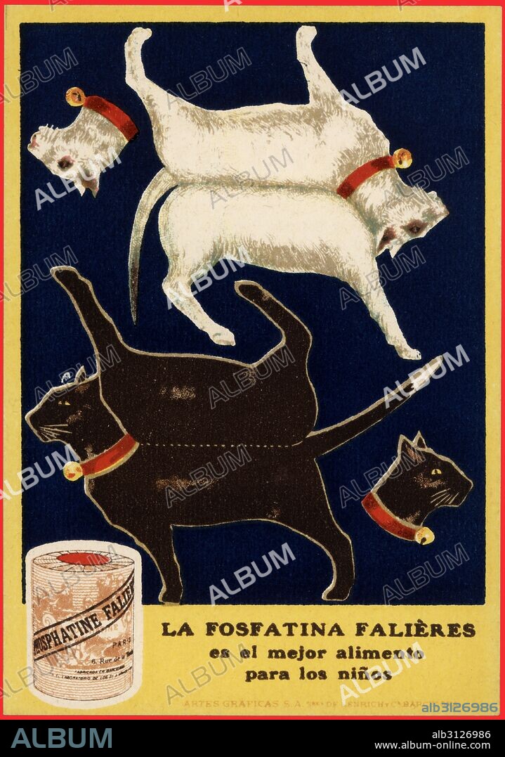 Publicidad de Fosfatina Falières, alimento para niños; recortable infantil de un gato y un ratón. Barcelona, año 1930.
