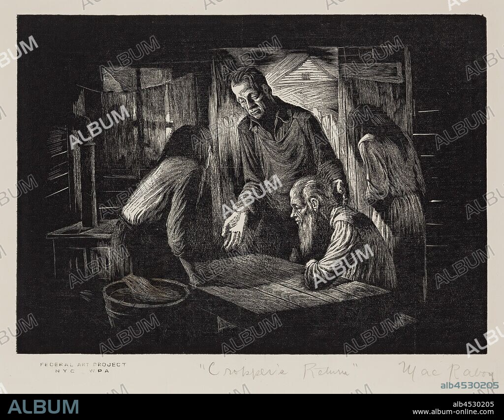 Mac Raboy, American, 1914-1967, Cropper's Return, 1937, wood engraving printed in black ink on wove paper, Image: 4 3/8 inches × 6 inches (11.1 × 15.2 cm).