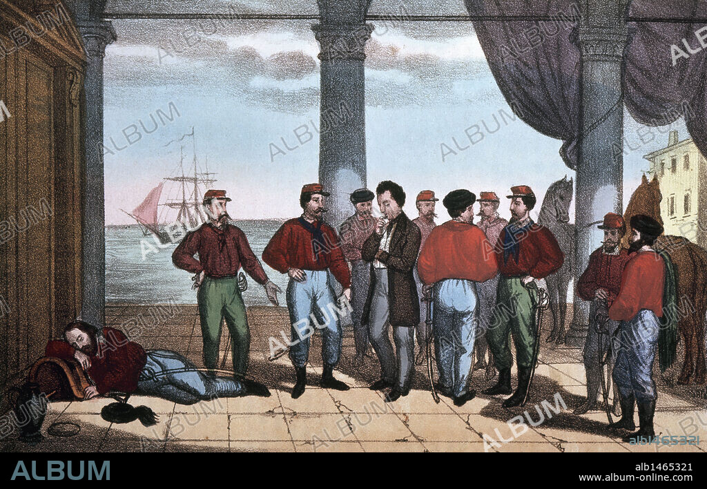 GARIBALDI, Giuseppe (Niza,1807-Caprera,1882). Militar y político italiano, uno de los artífices de la unidad italiana. "EL REPOSO DE GARIBALDI DESPUES DE LA BATALLA" (1860). A la derecha, Alejandro DUMAS observando al militar. Museo Risorgimento. Turín. Italia.