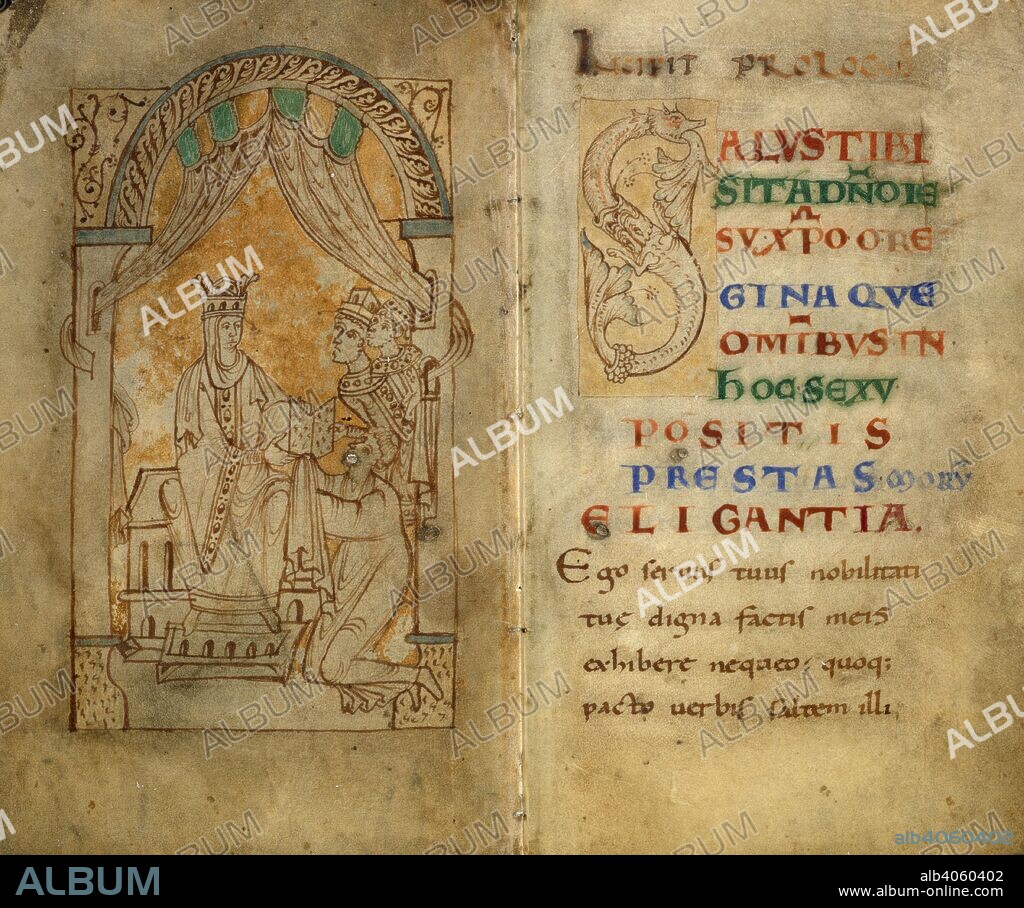 Queen Emma, wife of Ethelred II and Cnut, receives the book from its author, watched by her sons Harthacnut and Edward (King Edward the Confessor); with facing text page. Encomium of Queen Emma. Normandy, mid 11th century. Source: Add. 33241, ff.1v-2. Language: Latin.