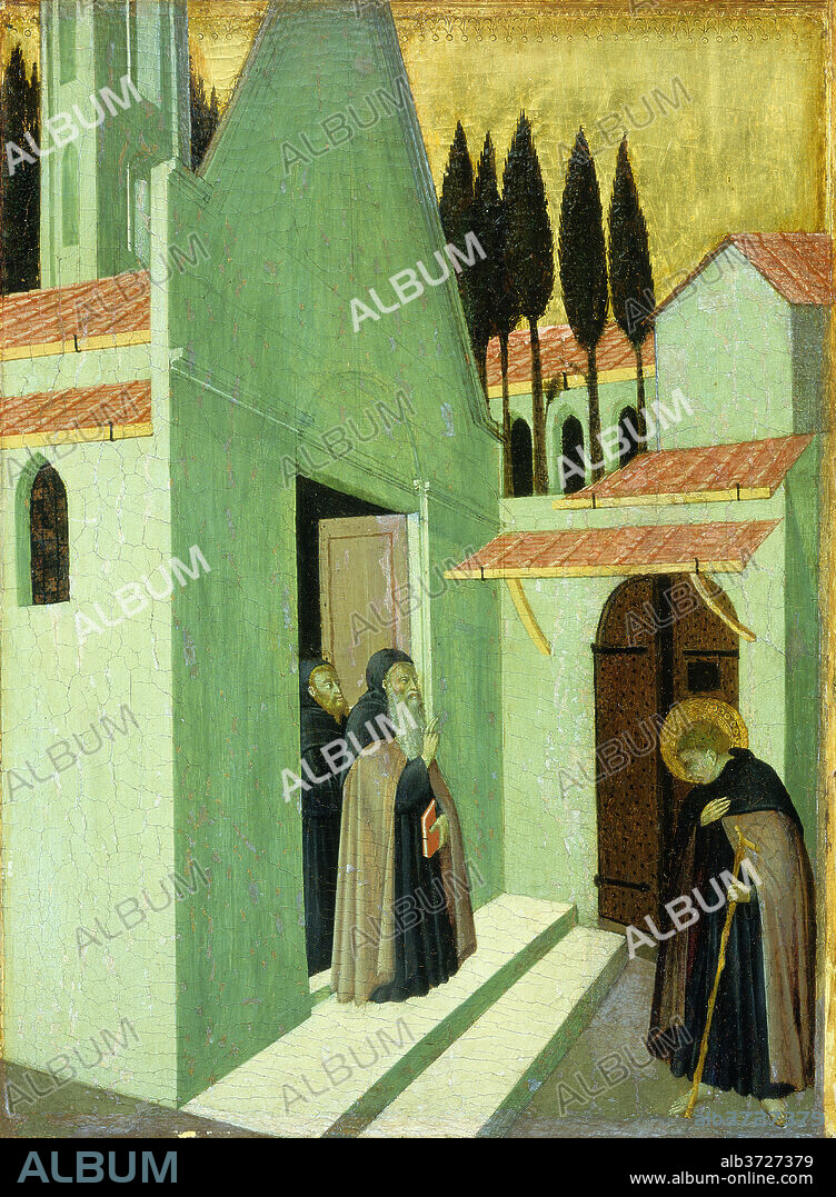 MASTER OF THE OSSERVANZA (SANO DI PIETRO? ). Saint Anthony Leaving His Monastery. Dated: c. 1430/1435. Dimensions: painted surface: 46 x 34 cm (18 1/8 x 13 3/8 in.)  overall size: 47.2 x 35 cm (18 9/16 x 13 3/4 in.)  framed: 61.6 x 125.4 x 7.6 cm (24 1/4 x 49 3/8 x 3 in.). Medium: tempera on panel.