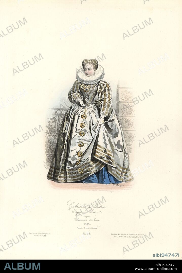 Gabrielle d'Estree, mistress to Henri IV, 1595. Handcoloured steel engraving by Hippolyte Pauquet after Thomas de Leu from the Pauquet Brothers' "Modes et Costumes Historiques" (Historical Fashions and Costumes), Paris, 1865. Hippolyte (b. 1797) and Polydor Pauquet (b. 1799) ran a successful publishing house in Paris in the 19th century, specializing in illustrated books on costume, birds, butterflies, anatomy and natural history.