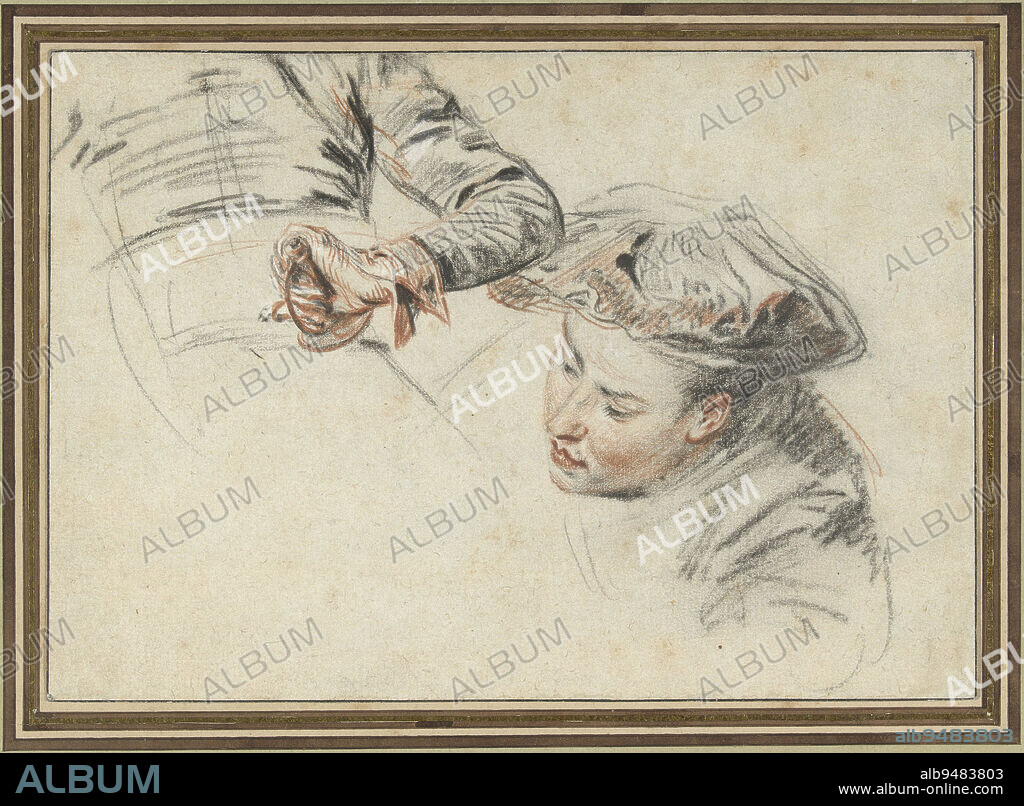Study sheet with a man's head with beret and a hand on a hilt, man's head with beret and a hand on a hilt, draughtsman: Jean Antoine Watteau, 1717 - 1719, paper, h 180 mm × w 253 mm.