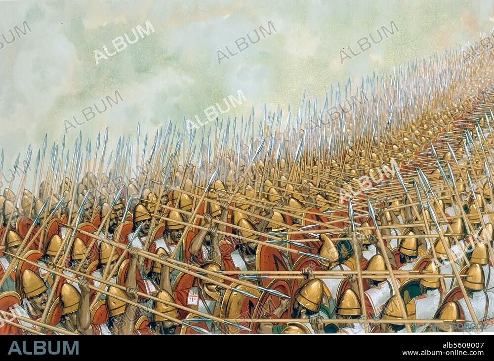 Grèce / Guerres Corinthiennes 395-286. av. J,.C. 2e bataille de Coronée, 394. (victoire des Spartiates menés par Agésilas sur les Athéniens). "Thebans fighting the Spartans in the 2nd battle of Coronea". Aquarelle, 1989, de Peter Connolly (né en 1935). De la sériwe : "Warfare in the Ancient World".