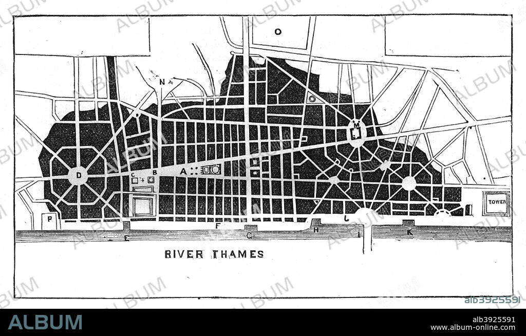 Sir Christopher Wren's plan for rebuilding London after the Great Fire 1666 (c1902). From Cassell's Illustrated History of England', volume III (c1902).