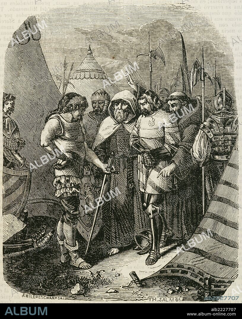 LOUIS II DE LA TREMOILLE (1460-1525). Noble francés y general que participó en la Guerra Loca y en las Guerras italianas. Sirvió a los reyes Luis XI de Francia, Carlos VIII de Francia, Luis XII de Francia y Francisco I de Francia. "La Trémoille decidiendo dar muerte a los complices del duque de Orleans", durante la Guerra Loca. Grabado por E. Deschamps. "Biblioteca Universal". Ediciones Populares, 1851.