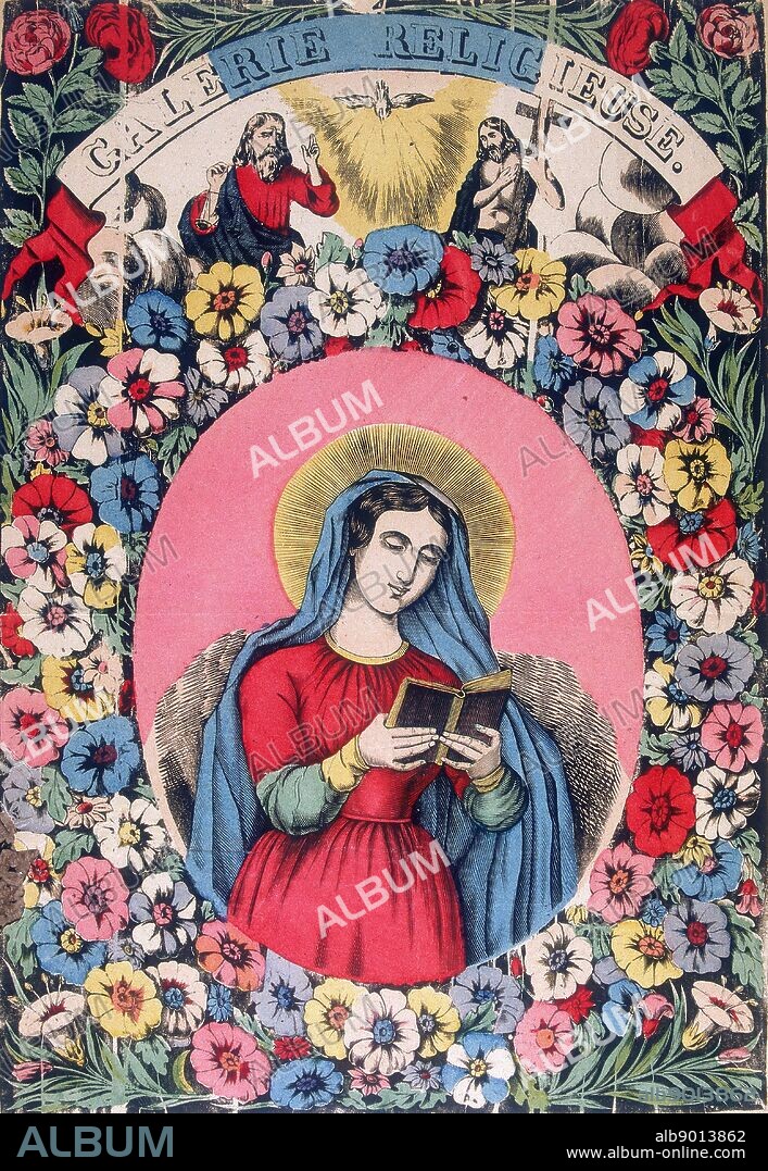 St Bridget (Brigitta, Brigitta, Birgite) 1302-1373. Daughter of Birger, Prince of Sweden. Wrote Revelations, translated into various laguages. The Trinity of God the Father, Son and Holy Ghost appear above the saint. 19th century French coloured woodcut.