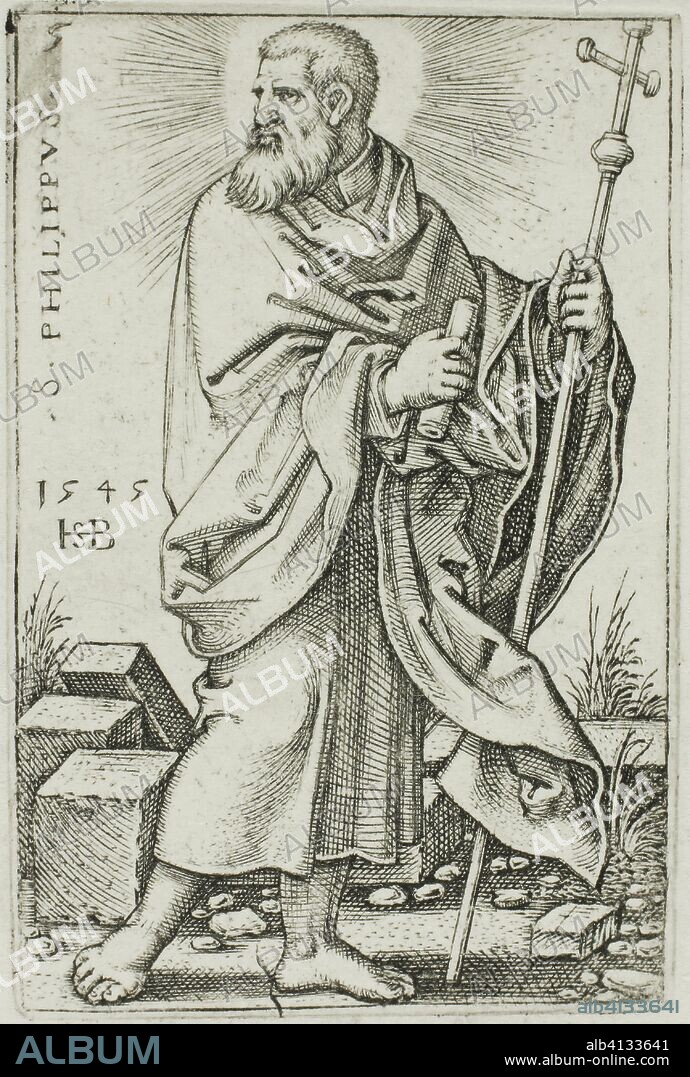 HANS SEBALD BEHAM. St. Philip, plate 5 from The Twelve Apostles. Sebald Beham; German, 1500-1550. Date: 1545-1546. Dimensions: 45 x 30 mm (image/plate); 305 x 240 (sheet). Engraving in black on white wove paper. Origin: Germany.
