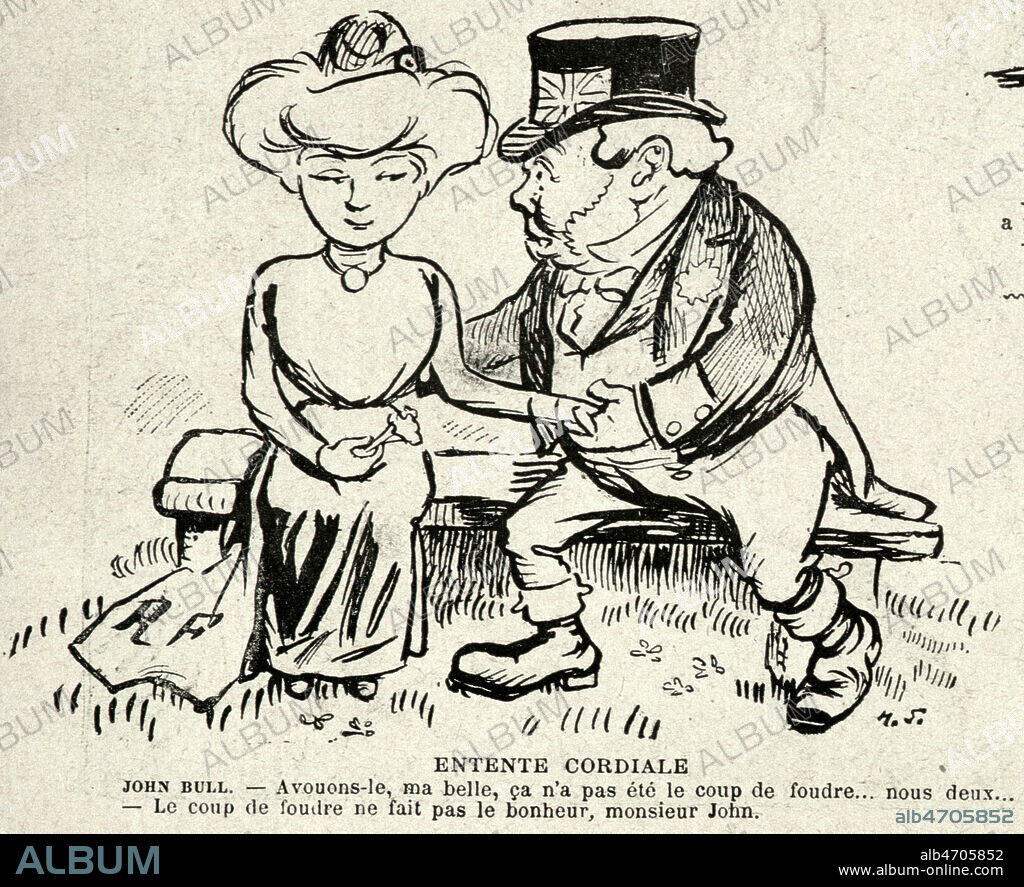 Entente cordiale : John Bull semble tenter de seduire Marianne. Caricature tiree de Le Rire du 30 avril 1904. Credit : Collection KHARBINE-TAPABOR.