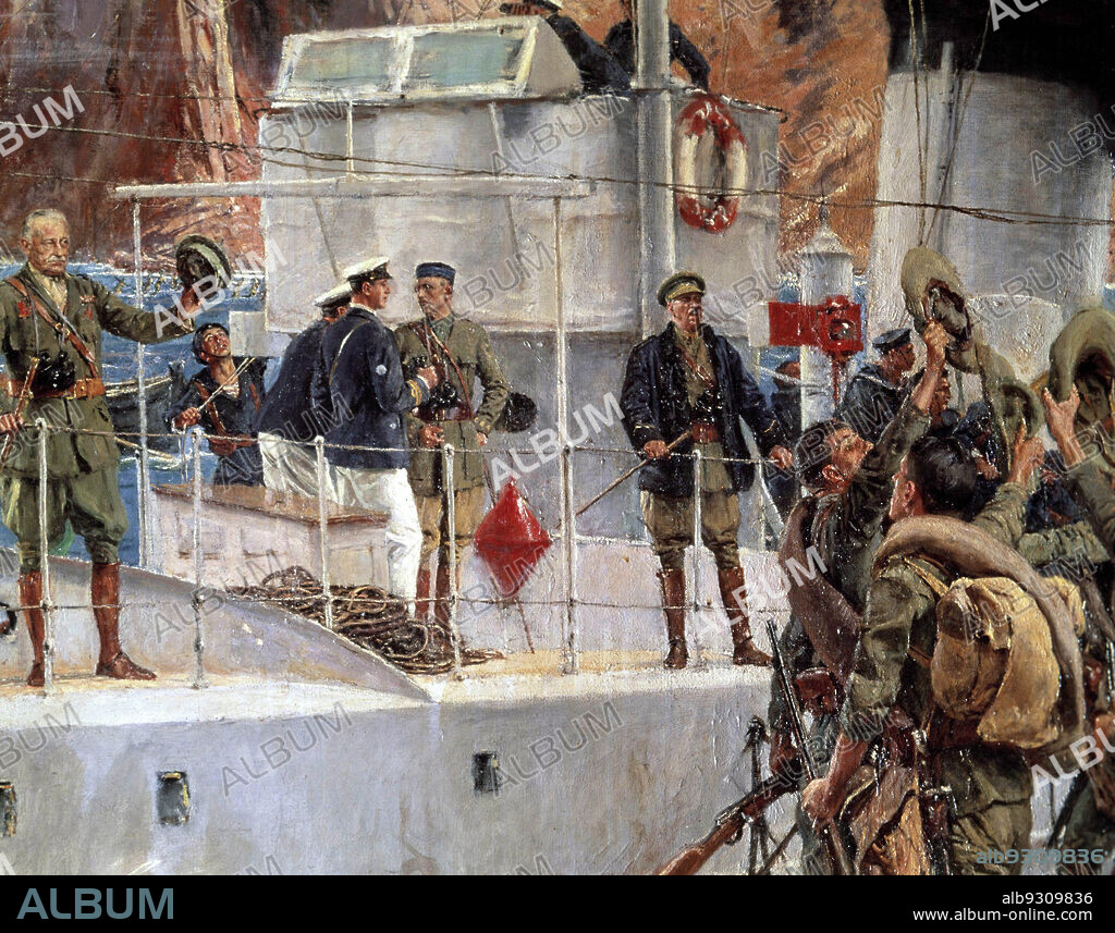 JOSÉ MORENO CARBONERO. PRIMO DE RIVERA , MIGUEL. POLITICO Y MILITAR ESPAÑOL. JEREZ DE LA FRONTERA 1870 - 1930. " DESEMBARCO DE ALHUCEMAS " ( DETALLE ) OLEO DE JOSE MORENO CARBONERO. 1825. JUNTO A JOSE SANJURJO.