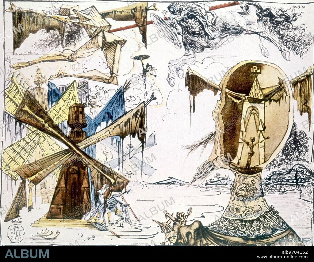 SALVADOR DALÍ. Don Quixote by Salvador Dali. Don Quixote de la Mancha is a novel by the Spanish author Miguel de Cervantes Saavedra. Published in 1605, it is one of the earliest written novels in a modern European language and is considered by some to be the finest book in the Spanish language. Don Quixote is almost universally accepted to be the emblematic work of Spanish literature. The adjective "quixotic", at present meaning "idealistic and impractical", derives from the protagonist's name, and the expressions "tilting at windmills" and "fighting windmills" come from this story. Salvador Felip Jacint Dalí Domènech (May 11, 1904 - January 23, 1989) was an important Catalan Spanish painter, best known for his surrealist works. (His name is also sometimes given as Salvador Felipe Jacinto Dalí Domènech, the Spanish rather than Catalan form of his name.) Dalí's work is noted for its striking combination of bizarre dreamlike images with excellent draftsmanship and painterly skills influenced by the Renaissance masters. ©TopFoto.