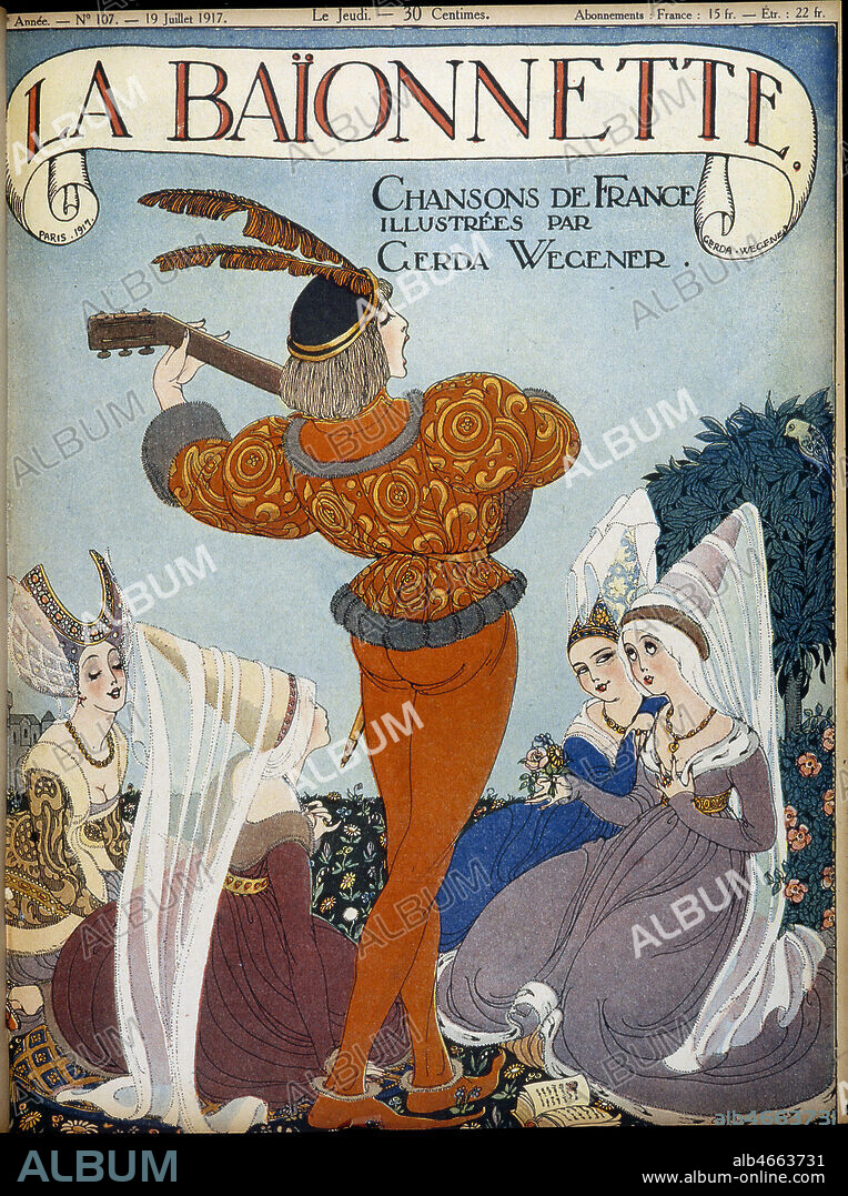 Troubadour face a des Dames du moyen-age. Chansons de France illustree par Gerda WEGENER (1885-1940), couverture de La Baionnette du 19 juillet 1917. Credit : Collection KHARBINE-TAPABOR.