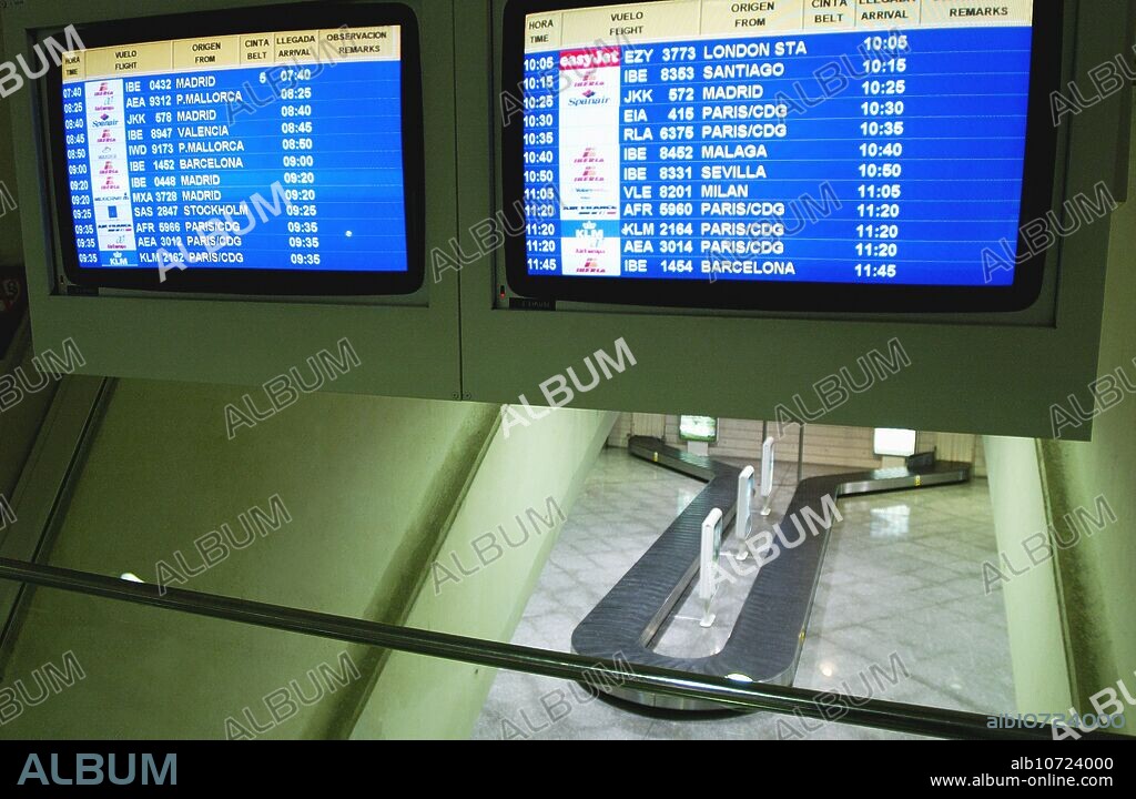 Information screens. Luggage conveyor. Arrivals. Loiu Airport. Bilbao. Euskadi. Spain.