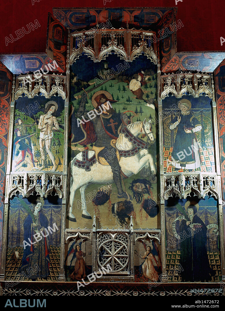 Gothic art. Altarpiece with St. James in the central panel. Spanish school. 15th Century. Composed of seven panels depicting various saints. Chapel of the Alcazar of Segovia. Spain.