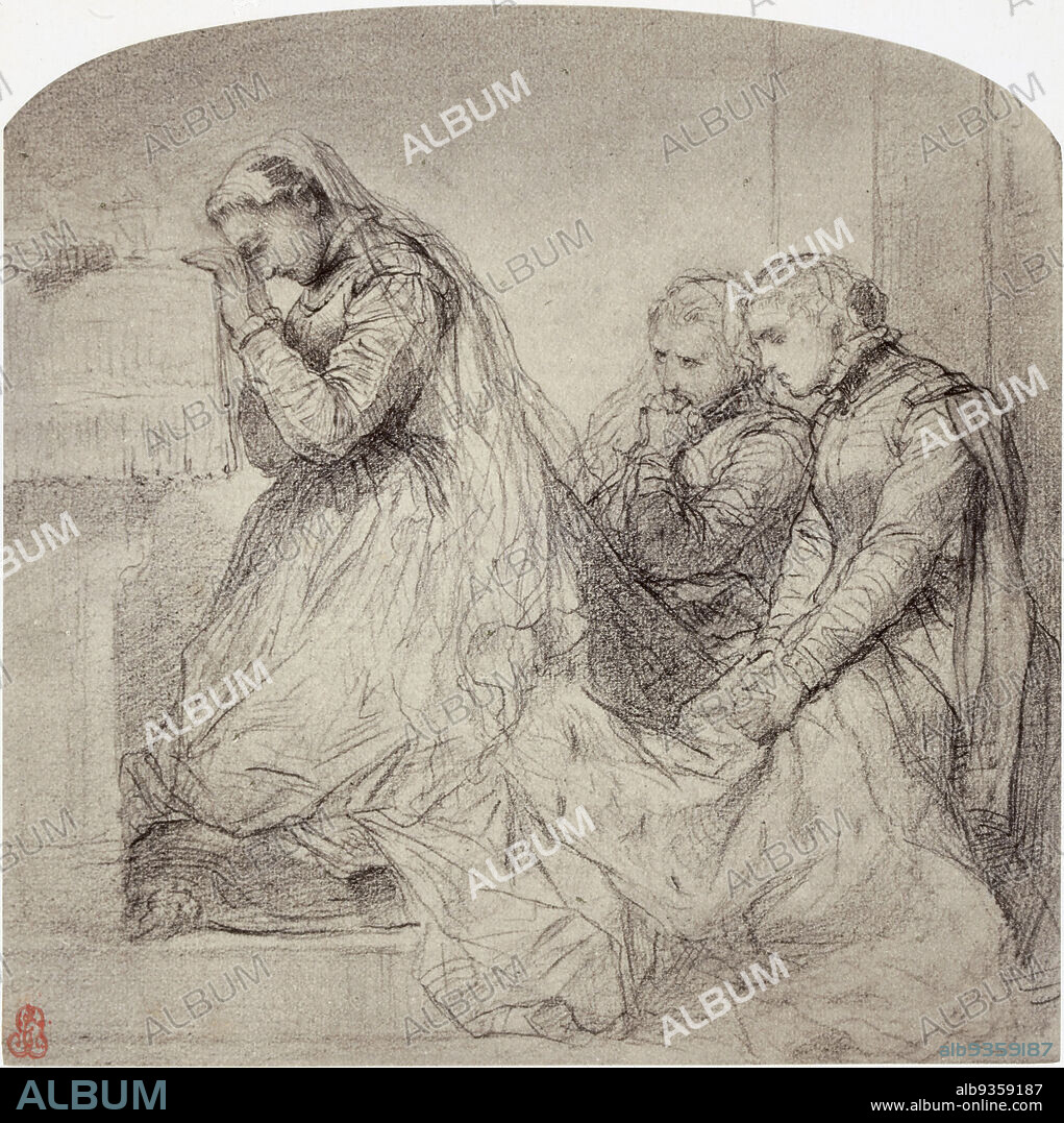 Photoreproduction of a drawing of the last prayer of Mary Stuart by Paul Delaroche, Dernière communion de Marie Stuart (title on object), Robert Jefferson Bingham (mentioned on object), intermediary draughtsman: Paul Delaroche (mentioned on object), Paris, c. 1853 - in or before 1858, paper, albumen print, engraving, height 128 mm × width 129 mmheight 196 mm × width 183 mm.