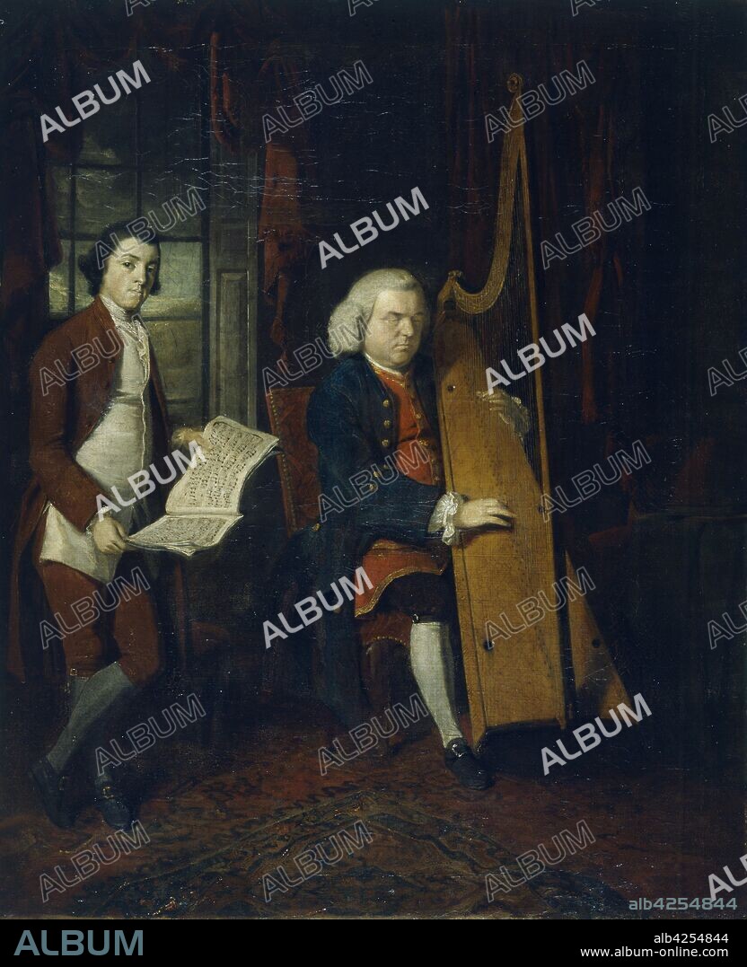 John Parry the Blind Harpist with an assistant. John Parry, (1710-1782) was born blind at birth.  The assistant may be his son David, an organist is holding the score of Handel's coronation anthem 'Zadok the Priest' written in 1727. William Parry (1742-1791)  was an accomplished artist. Many of his works, include portraits of his father.
