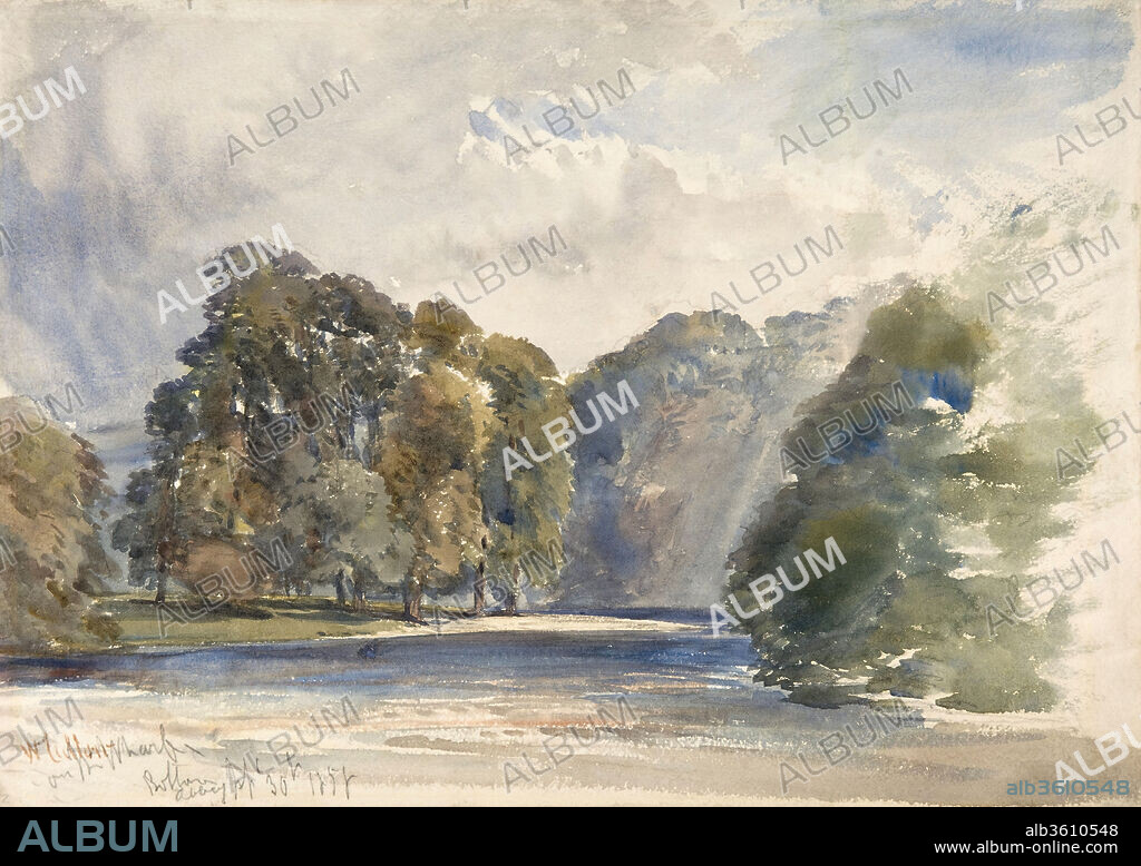 On the Wharfe, Bolton Abbey. Artist: William Callow (British, Greenwich 1812-1908 Great Missenden, Buckinghamshire). Dimensions: sheet: 9 15/16 x 14 in. (25.3 x 35.6 cm). Date: September 30, 1858.
This drawing demonstrates Callow's mastery of watercolor as a sketching medium. He applied wet pigment onto dampened paper in some portions of the sheet and used a dry-brush technique in others. Earlier in his career the artist had worked in Paris and was influenced by artists in the circle of Richard Parkes Bonington (1802-1828). From them Callow learned how to construct lucid, fluidly painted compositions and developed a taste for luminous color. He returned to England in 1841 and made this sketch during an 1858 trip to Yorkshire. An inscription at lower left dates his visit to September 30th and identifies the subject as the River Wharfe near Bolton Abbey, a stretch of water renowned for its natural beauty.