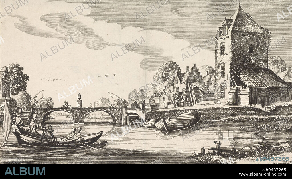 Boats on the water near a village on a river. Between two banks a stone bridge. On the left an elegant company in a boat is being rowed by two figures. 32nd print in a series of 36 prints of landscapes, divided into six parts, Village by a river Playsante lantschappen ende vermakelycke gesichten (series title), print maker: Jan van de Velde (II), Jan van de Velde (II), Northern Netherlands, 1639 - 1641, paper, etching, h 150 mm × w 280 mm.