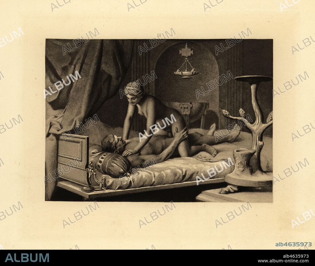 Roman man Eumolpe and woman having sexual intercourse in a bedroom. He lies on a luxurious bed, with woman in headband on top in the cowgirl position. The room is decorated with an oil lamp, basin and tree sculpture. Aquatint by Theophile Fillon after an illustration by Paul Avril from Friedrich Karl Forbergs Manual of Classical Erotology, Manuel derotologie classique, De Figuris veneris, Charles Hirsch, 1906. Translated by Alcide Bonneau, not Isidore Liseaux.