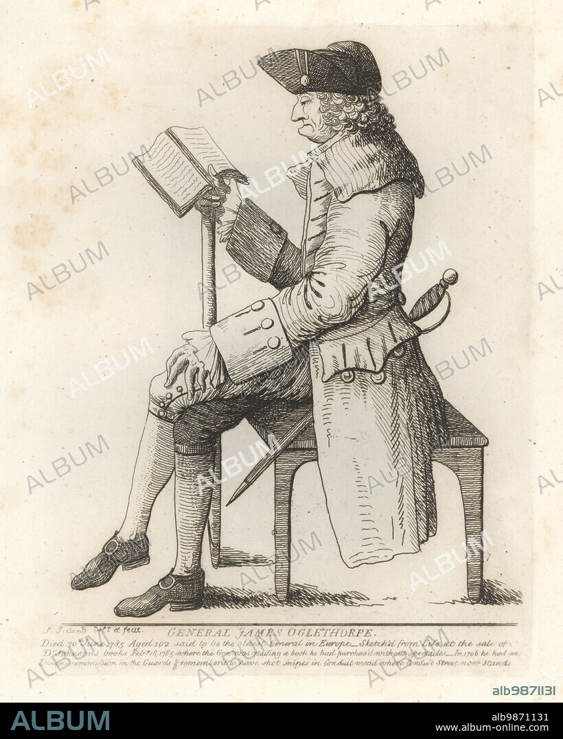 General James Oglethorpe, died 1786 aged 102. James Edward Oglethorpe, 1696-1785, British soldier, Member of Parliament, and philanthropist, founder of the colony of Georgia in what was then British America. Sketched from life at the sale of Dr. Johnson's books by Samuel Ireland. Copperplate engraving from Samuel Woodburns Gallery of Rare Portraits Consisting of Original Plates, George Jones, 102 St Martins Lane, London, 1816.
