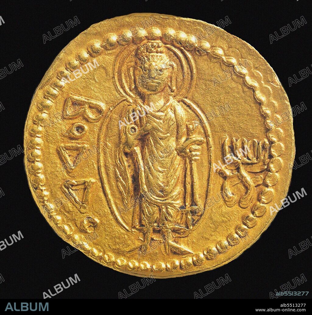 ANCIENT COINS NUMISMATIC. Gold Coin, Kushan. Reverse: in Bactrian script Buddha (boddo).