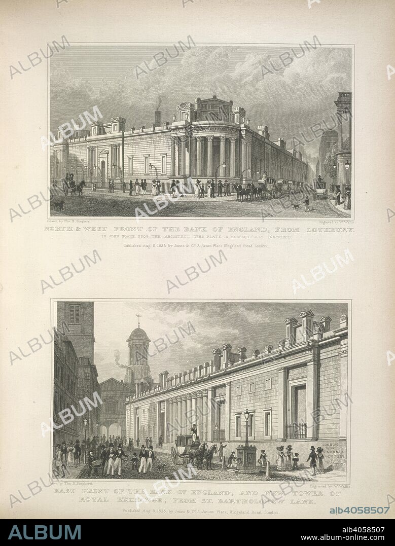 THOMAS HOSMER SHEPHERD, JAMES ELMES y W WALLIS. Bank of England and Royal Exchange. Metropolitan improvements; or, London in the ninet. London: Jones & Co., etc., 1828. North & west front of the Bank of England, from Lothbury.East front of the Bank of England, and new tower of Royal Exchange, from St. Bartholomew Lane.  Image taken from Metropolitan improvements; or, London in the nineteenth Century: displayed in a series of engravings from original drawings, by Mr. Thos. H. Shepherd: with historical, topographical, and critical illustrations by James Elmes, etc.  Originally published/produced in London: Jones & Co., etc., 1828. . Source: 563.c.7,. Language: English.
