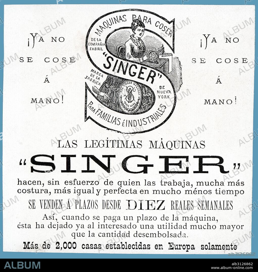 Publicidad. Máquinas de coser Singer. Barcelona, año 1878.