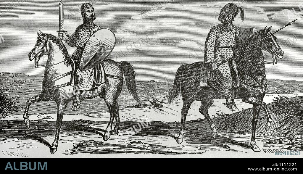 Hispania. Alta Edad Media. Caballería Goda. Dibujo por Miranda. Grabado por Ricord. Crónica General de España, Historia Ilustrada y Descriptiva de sus Provincias. Castilla-La Nueva, 1869. Biblioteca Histórico Militar de Barcelona. Cataluña, España.