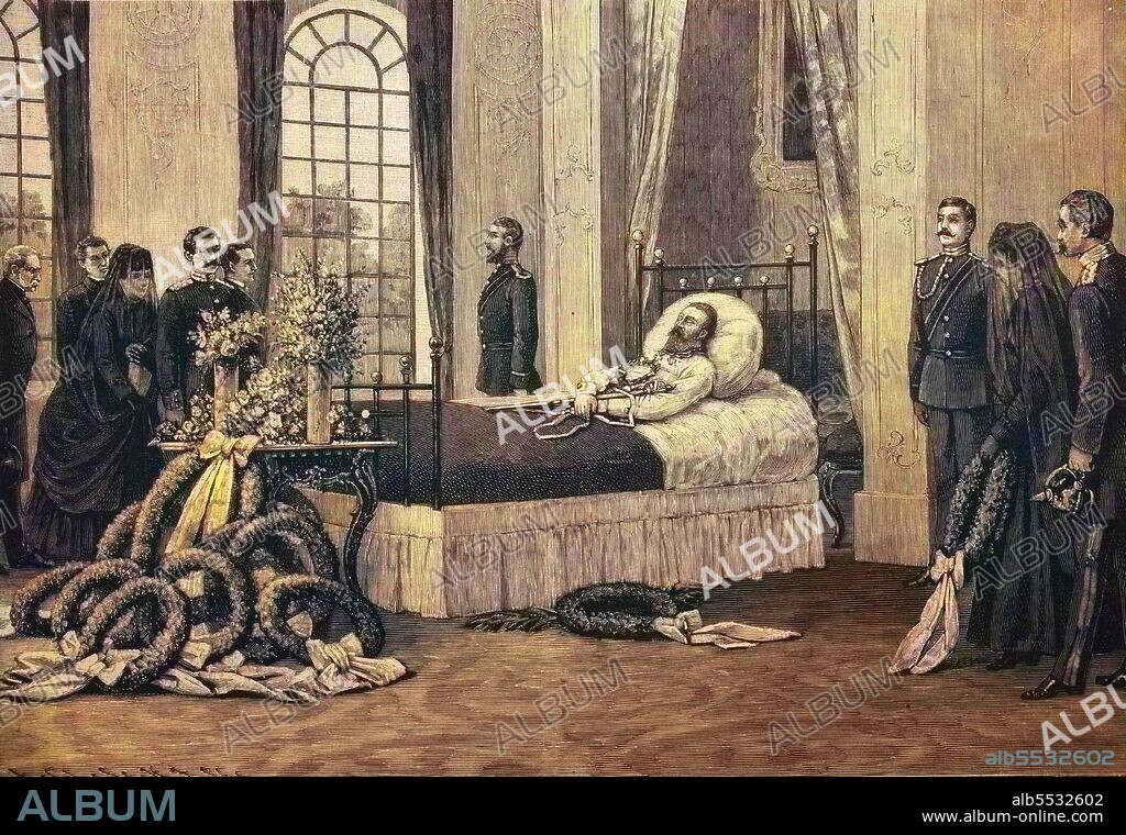Kaiser Friedrich auf dem Sterbebett, Friedrich III, mit vollem Namen Friedrich Wilhelm Nikolaus Karl von Preussen, 1831 - 1888, war 99 Tage Deutscher Kaiser und Konig von Preussen, Holzschnitt, 1888, coloriert.