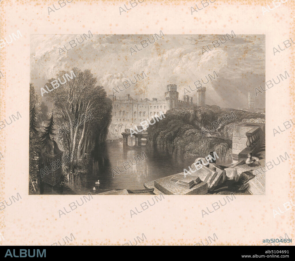 Warwick Castle, Robert Wallis, 17941878, British, after Joseph Mallord William Turner, 17751851, British, 1832, Line engraving, 1st state on thick, slightly textured, cream, wove paper, with cream, chine colle, Sheet: 10 15/16 × 15 inches (27.8 × 38.1 cm), Plate: 9 15/16 × 11 7/8 inches (25.2 × 30.2 cm), Chine collé: 9 5/8 × 11 5/8 inches (24.4 × 29.5 cm), and Image: 6 1/2 × 9 9/16 inches (16.5 × 24.3 cm), architectural subject, bridge (built work), castle, landscape, river, Avon, England, United Kingdom, Warwick, Warwick Castle, Warwickshire.