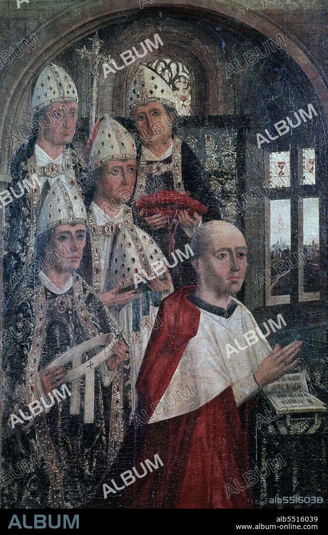 MENDOZA , PEDRO GONZALEZ DE . POLITICO Y ECLESIASTICO ESPAÑOL . GUADALAJARA 1428 - 1494. " EL GRAN CARDENAL " , OLEO ANONIMO 1484. PEDRO GONZALEZ DE MENDOZA JUNTO A LOS PRELADOS QUE ASISTIERON A SU CONSAGRACION . MUSEO PROVINCIAL . GUADALAJARA.