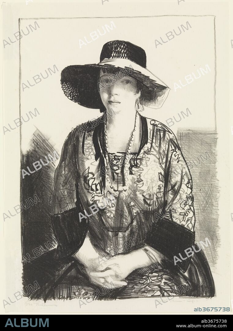 The Black Hat. Artist: George Bellows (American, Columbus, Ohio 1882-1925 New York). Dimensions: image: 12 7/8 x 9 in. (32.7 x 22.9 cm)
sheet: 14 1/8 x 10 5/16 in. (35.9 x 26.2 cm). Printer: Printed by Bolton Brown (American, Dresden, New York 1864/65-1936 Woodstock, New York). Date: 1921.