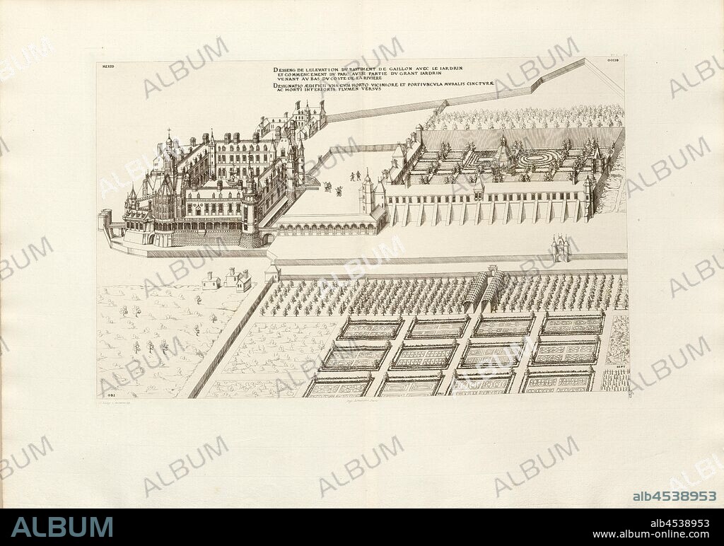 Desseng from the elevation of the bastion of Gaillon with the iardrin and beginning of the park also part of the grant iardrin coming at the bottom of the coast of the river, Château de Gaillon in France, Signed: FD; Imp. Lemercier; A. Levy, Fig. 67, T. 1. 65., Cerceau, Jacques Androuet du (del.); Faure-Dujarric, Pierre-Lucien (sc.); Imprimerie Lemercier (imp.); Levy, A. (ed.), 1868, Jacques Androuet du Cerceau; Hippolyte A. Destailleur: Les plus excellents bastiments de France. Paris: A. Lévy, Libraire-Editeur, M DCCC LXVIII - M DCCC LXX. [1868-1870].