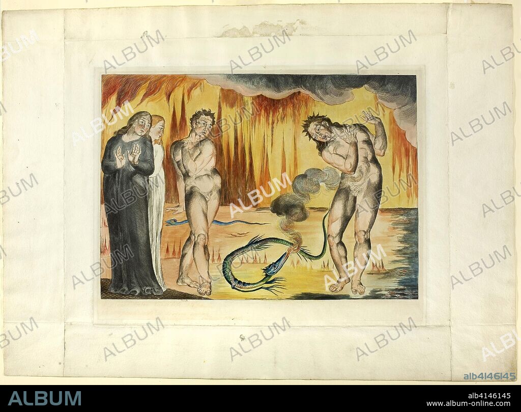 The Circle of the Thieves; Buoso Donati Attacked by the Serpent. Inferno, canto XXV. William Blake; English, 1757-1827. Date: 1827. Dimensions: 239 × 336 mm (image); 277 × 353 mm (plate); 393 × 545 mm (sheet). Hand-colored engraving on India paper, laid down on wove paper (chine collé). Origin: England.