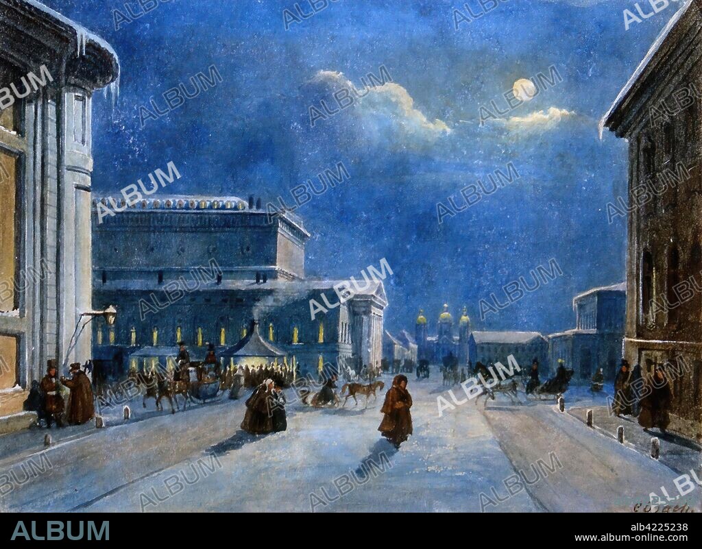 CASPAR OBACH. 'View of the Big Stone Theatre in St Petersburg towards St.Nicholas Cathedral'. Russia, St Petersburg, First half of the 19th century (before 1859). Dimensions: 10,8x14,5 cm.