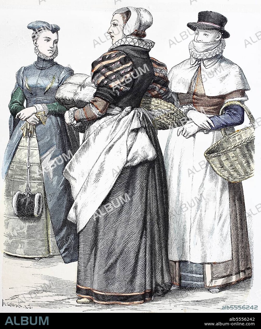 Folk traditional costume, clothing, history of costumes, merchant's woman, servant's woman, citizen's woman from London, 1590, costumes from England, 16th century, digitally restored reproduction of an original from the 19th century, exact date unknown.