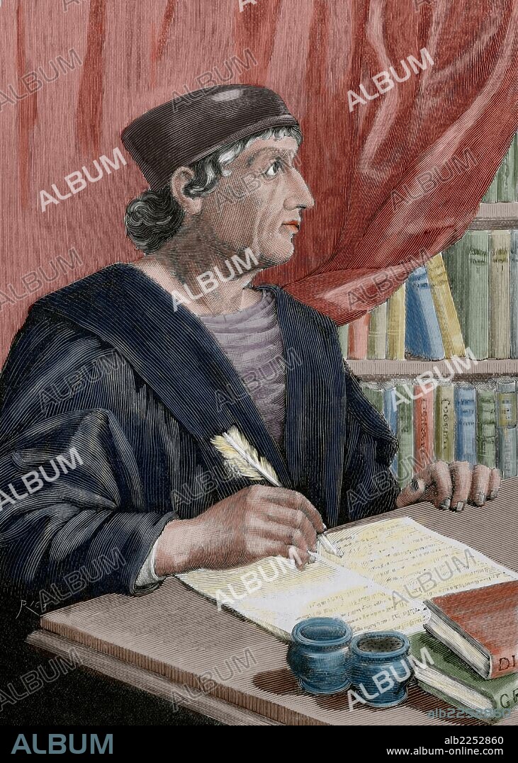 NEBRIJA, Elio Antonio de (Lebrija,1441-Alcalá,1522) Humanista español. Publicó la "GRAMATICA CASTELLANA" (1492), primera obra de este tema en lengua vulgar. Grabado coloreado.