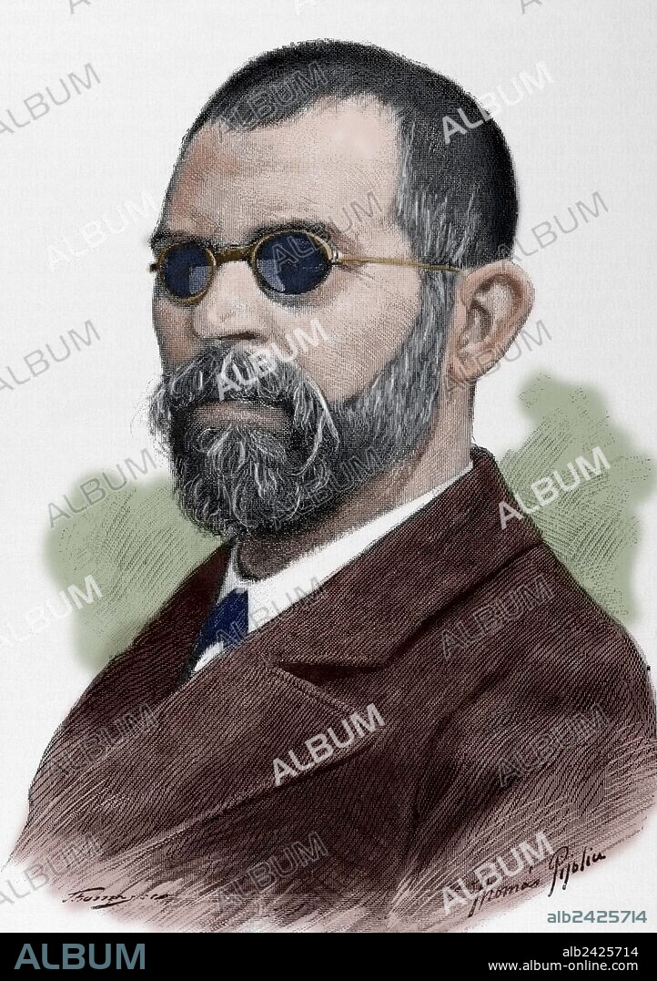 Carmel Navarro i Llombart, más conocido por su pseudónimo de Constantí Llombart (Valencia 1848-1893). Escritor español y activista valencianista. Grabado por Thomás Pijoliu. "La Ilustración Catalana", 1893. Coloreado.