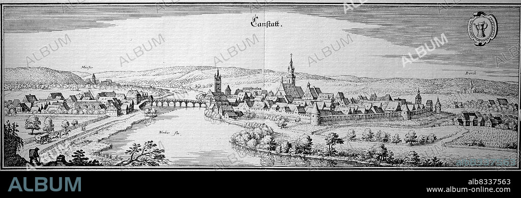 Canstatt, Bad Cannstatt im Mittelalter, Stuttgart, Baden-Wºrttemberg, Deutschland / Canstatt, Bad Cannstatt in the Middle Ages, Stuttgart, Baden-Wºrttemberg, Germany, historical, digital improved reproduction of an original from the 18th century / digital restaurierte Reproduktion einer Originalvorlage aus dem 18. Jahrhundert, genaues Originaldatum nicht bekannt.