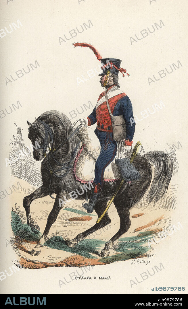 Uniform of the French Horse Artillery. In shako with plume, hussar-style blue jacket with red frogging and breeches with red piping, black boots and sabretache, armed with sabre. Mouton shabrack. Artillerie a cheval. Handcoloured woodcut by Henri Désiré Porret after an illustration by Hippolyte Bellangé from P.M. Laurent de lArdeches Histoire de Napoleon, Paris, 1840.