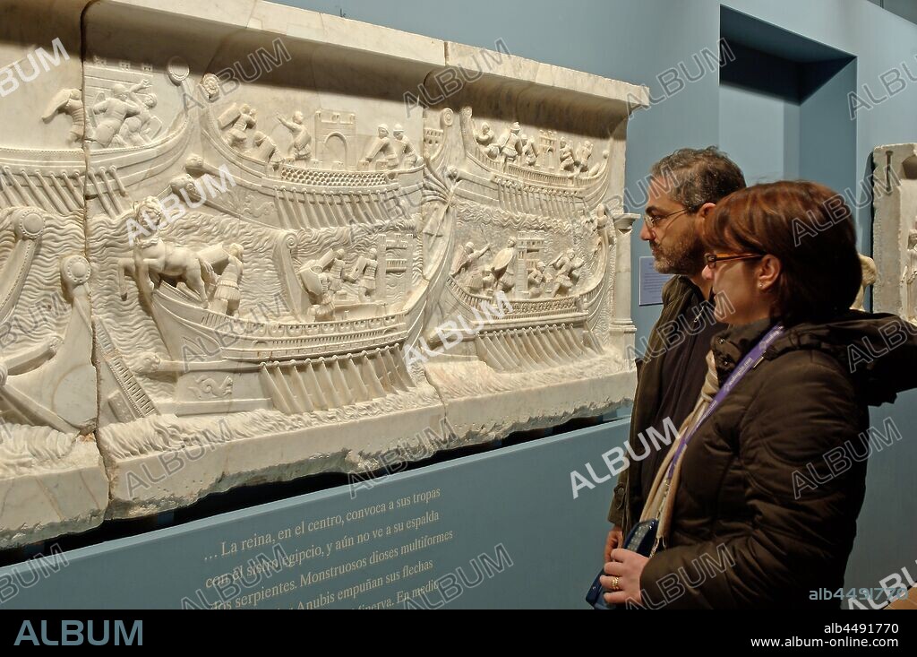 Roman relief, Naval Battle of Actium and Tourists, 1st century, Duques de Cardona Collection, Cordoba, Region of Andalusia, Spain, Europe.